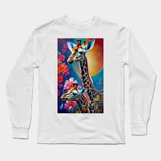 Giraffe Colorful Floral Flower Long Sleeve T-Shirt